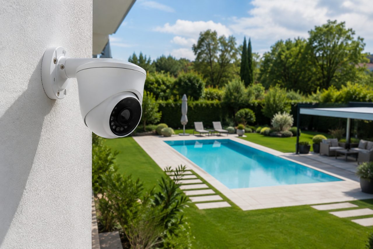 Weisse Dome-Kamera an einer Hauswand montiert, mit Blick auf Pool und Garten